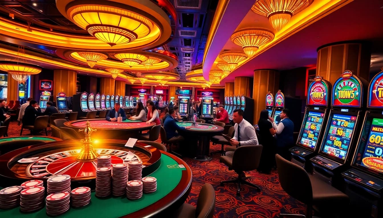 Exciting gambling scene at a casino highlighting gg8888 with players at tables, vibrant slot machines, and poker chips.