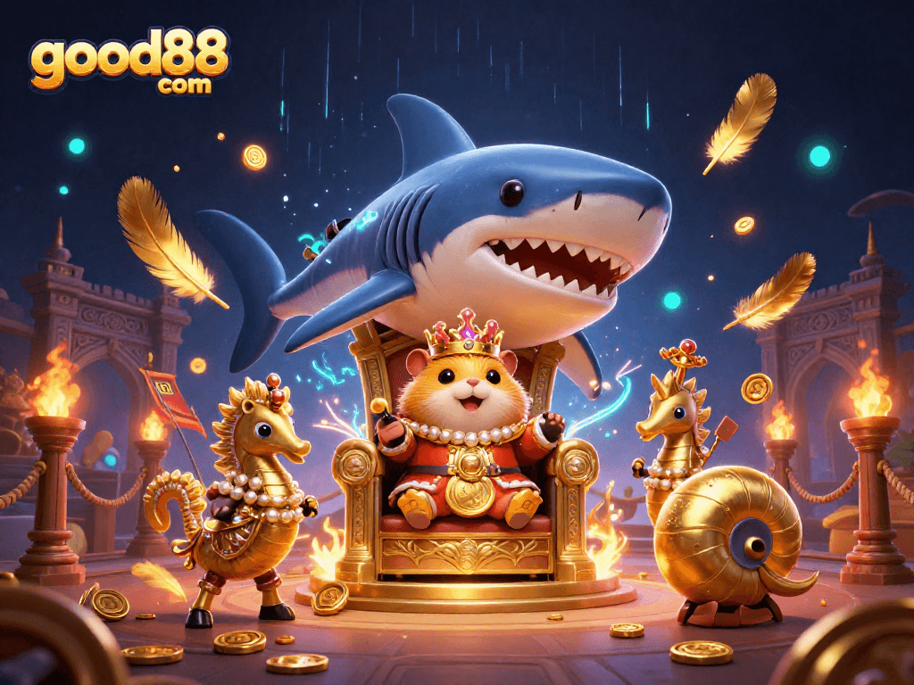 Engage with exciting games at good88 com, featuring a golden hamster king in a vibrant casino scene.