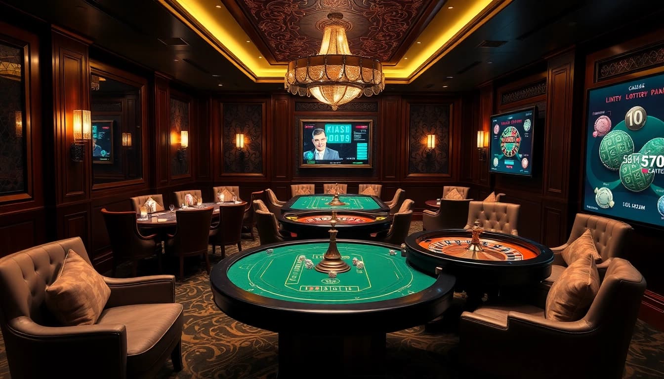 Exciting scene of kaisar 888 casino room featuring luxurious tables, poker chips, and a roulette wheel.