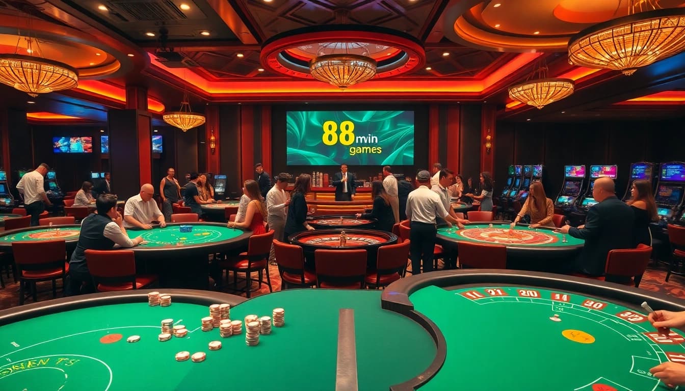 Exciting casino atmosphere at https://98winmb.com/ with players around blackjack and roulette tables.