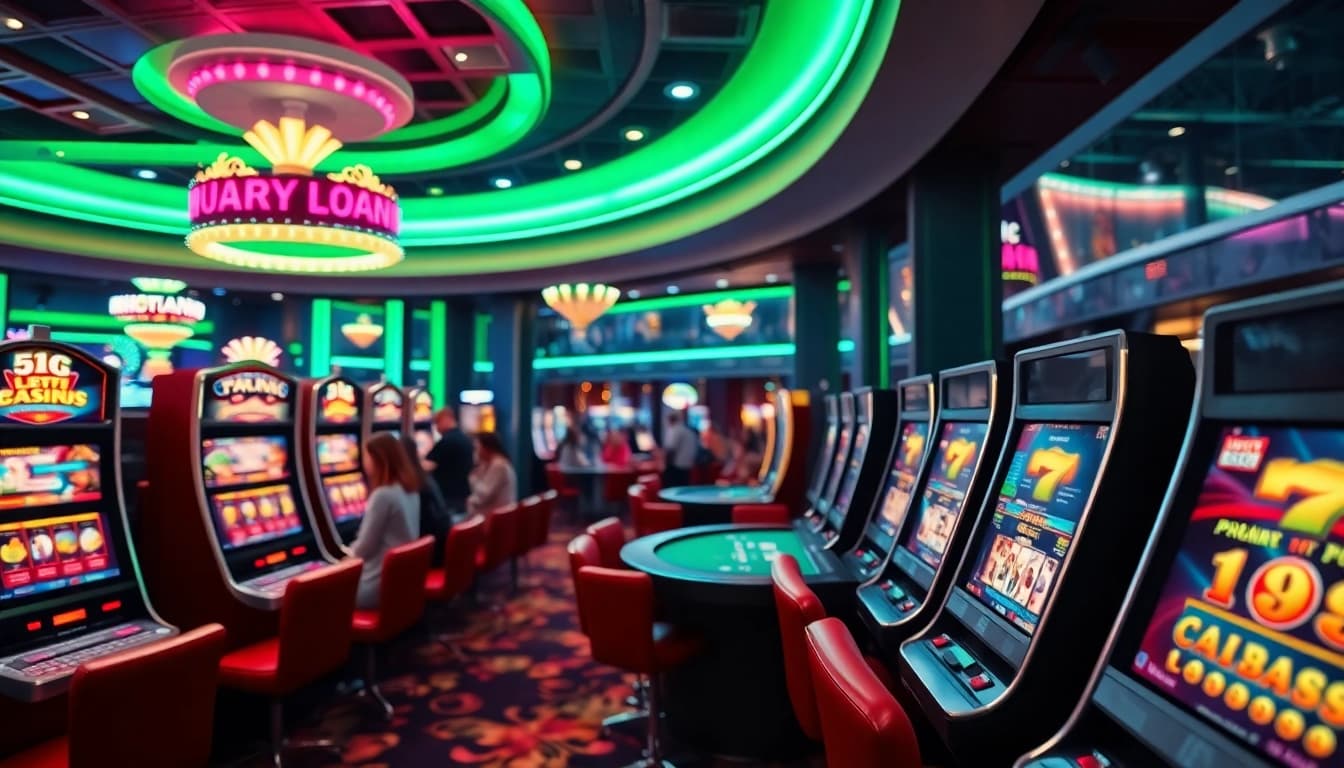 Menampilkan suasana kasino dengan dentoto yang memikat pada mesin slot dan meja poker.