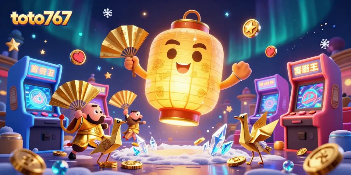 Gambarkan permainan kasino dengan toto767 melalui lampion raksasa dan elemen permainan menarik.