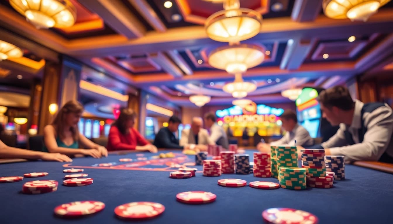 Permainan casino ondel4d yang menarik dengan pemain terlibat di meja yang berwarna-warni.