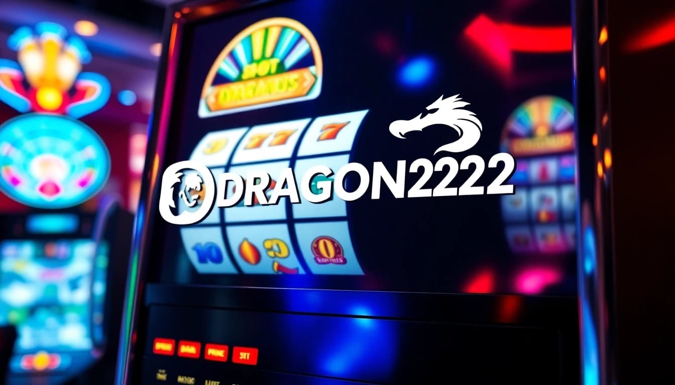 Main slot machine display of https://dragon222.net/ illuminated in a lively casino setting.