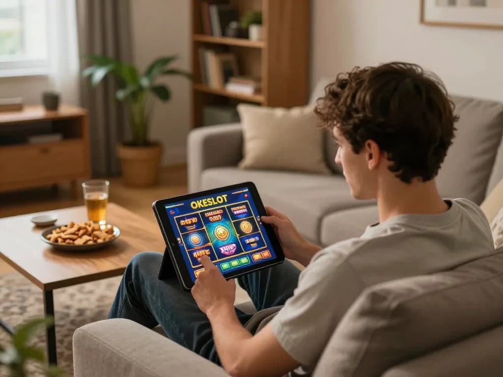 Engaging online slot session at home showcasing the OKESLOT gaming interface