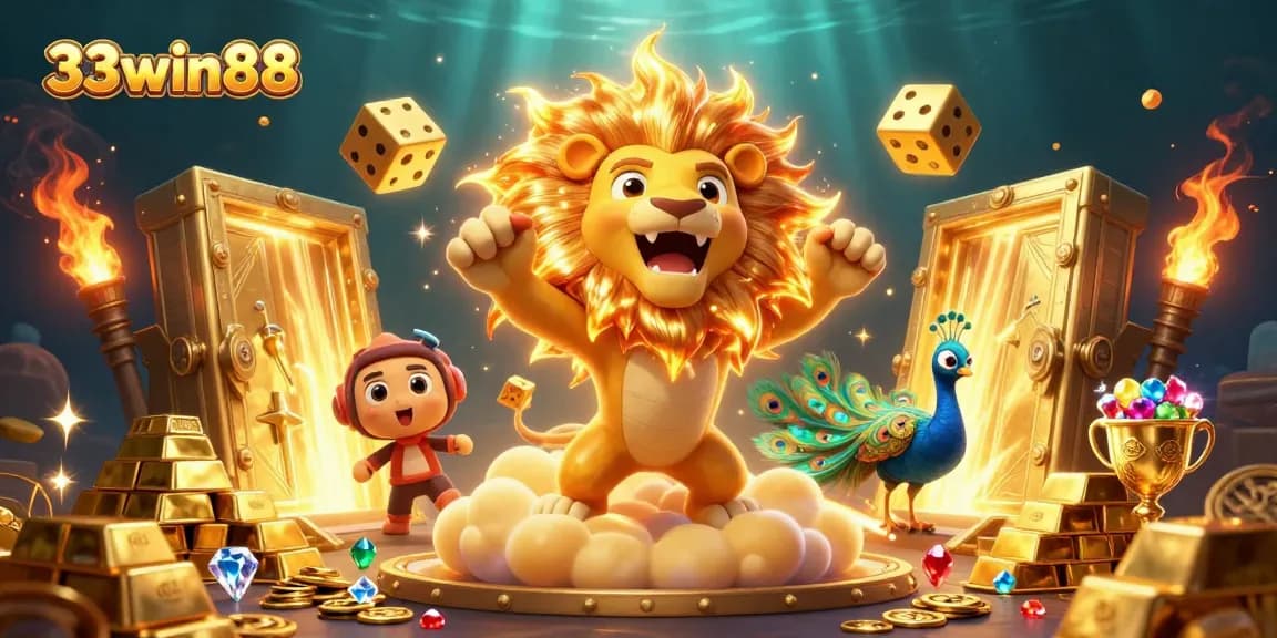 Win exciting prizes with 33win88 at this vibrant casino illustration showcasing golden treasures and dynamic gameplay.