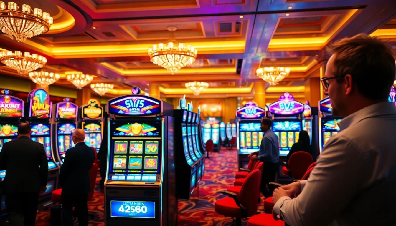 Permainan slot gacor di kasino dengan mesin slot berwarna-warni dan suasana yang energik.