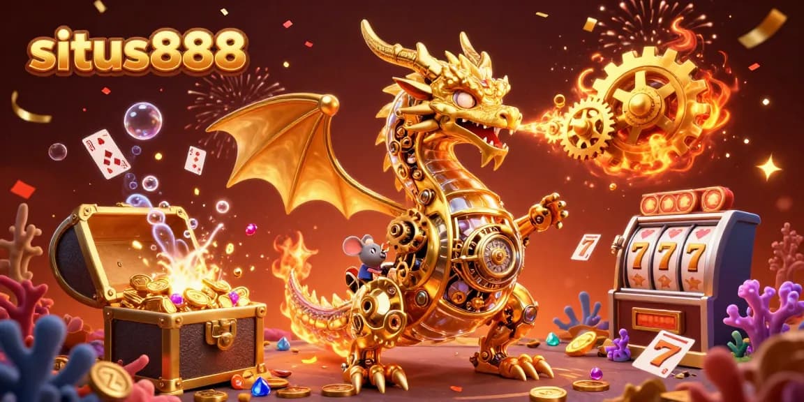 Experience the excitement of situs888 with golden dragons and vibrant slot machines in a thrilling casino scene.