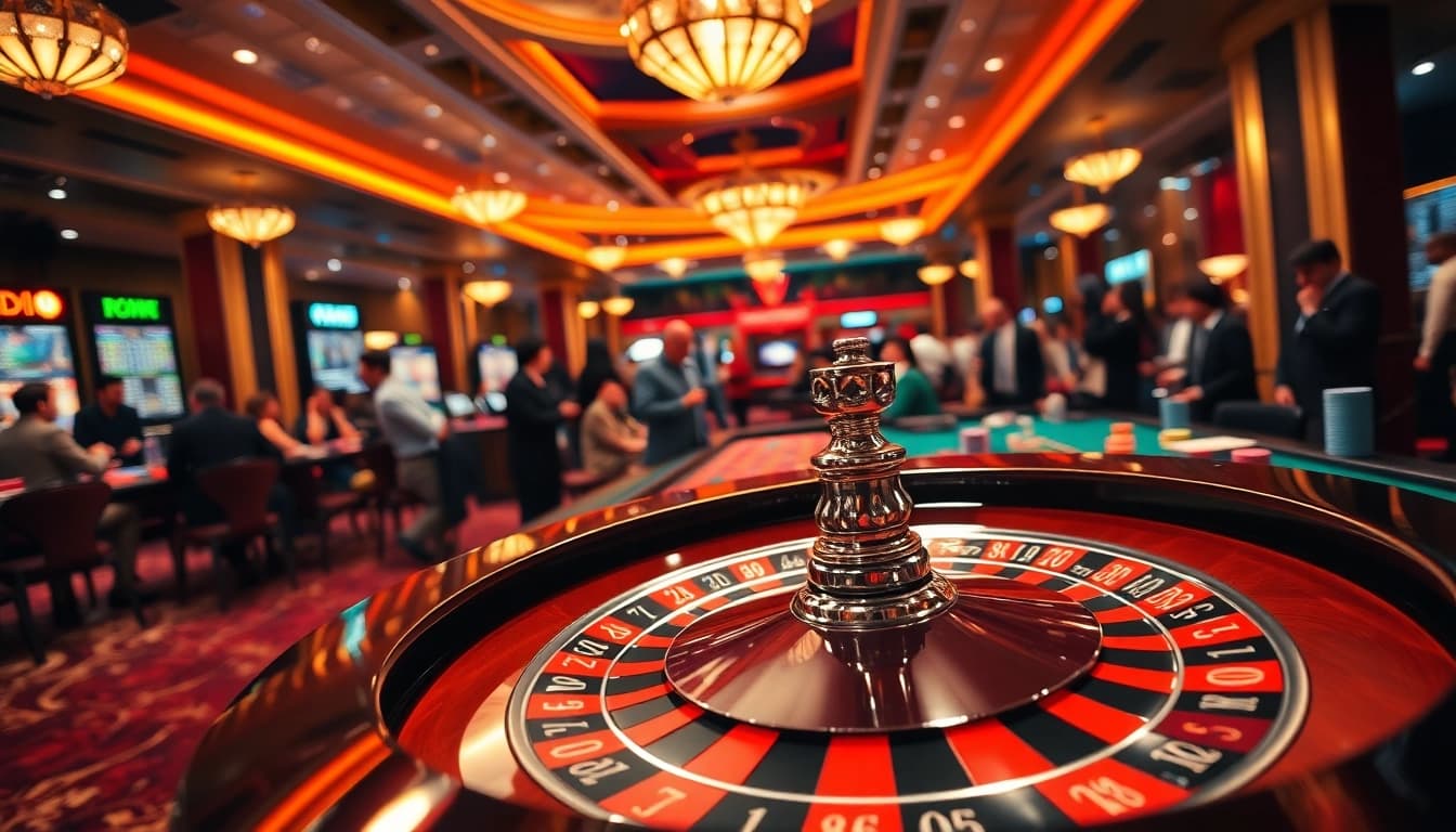 Wortel21 menampilkan suasana kasino yang meriah dengan meja roulette dan pemain penuh semangat.
