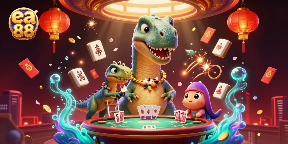 ea 88 depicting a vibrant casino scene with a towering dinosaur and dynamic card dealing.