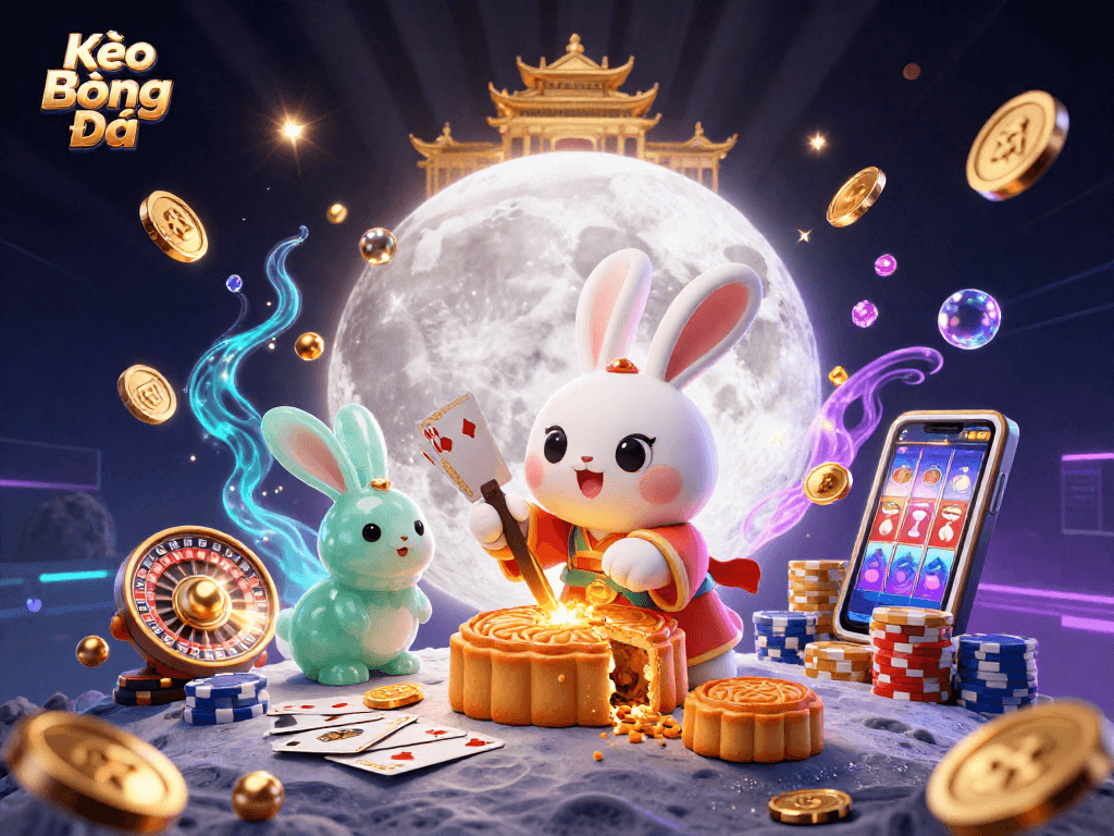 Kèo Bóng Đá showcases a whimsical moon rabbit gambling scene packed with poker chips and casino elements