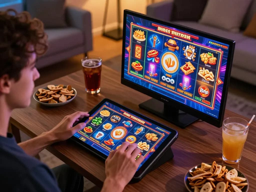 Player enjoying exciting games at a situs slot gacor on a tablet in cozy home setting.