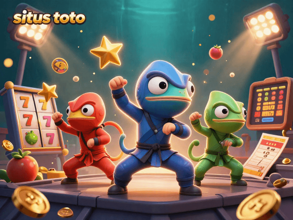 Gambarkan pengalaman bermain situs toto dengan tim ninja chameleon beraksi dengan simbol slot dan koin emas di sekitar mereka.