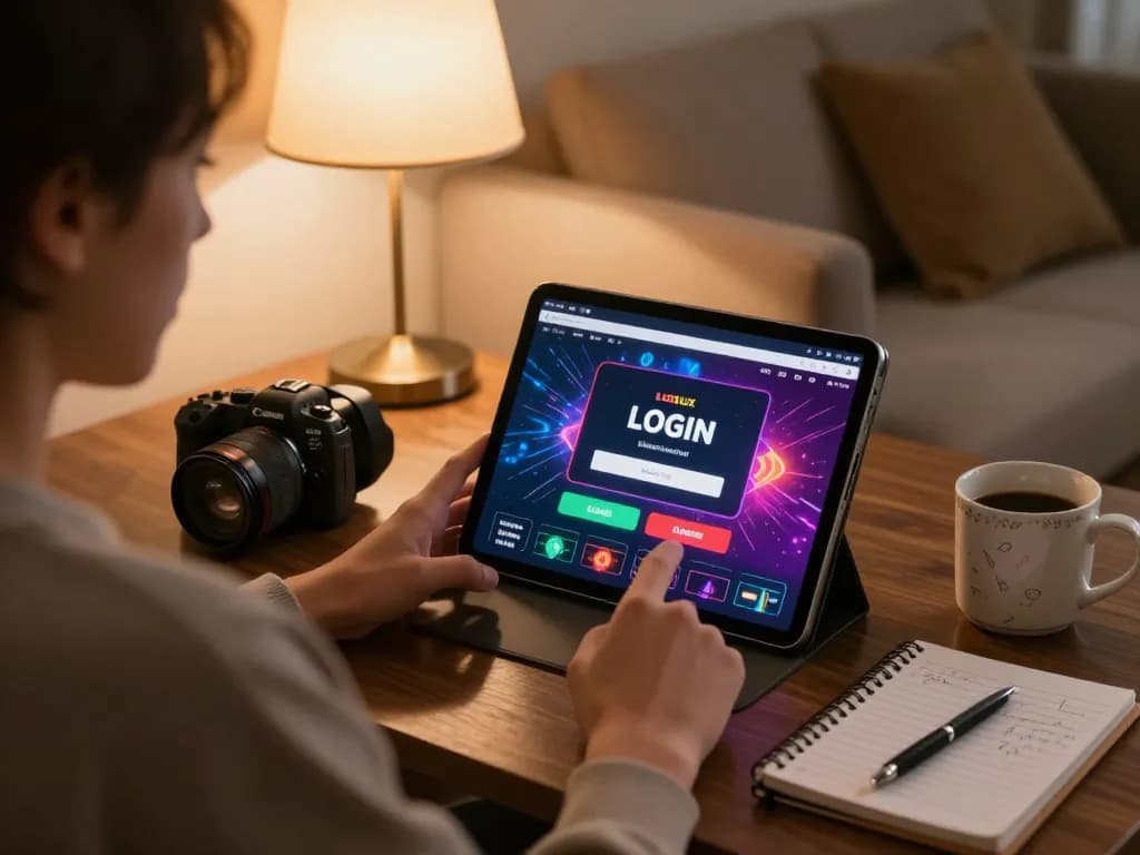 LGOLUX LOGIN displayed on a tablet in a cozy home gaming setup, focusing on responsible online gaming.