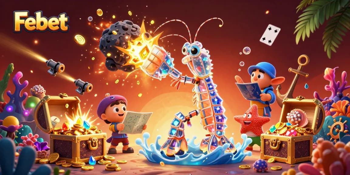 Engage in thrilling wins at Febet with a vibrant depiction of a galactic mantis shrimp exploring treasure-filled underwater realms.