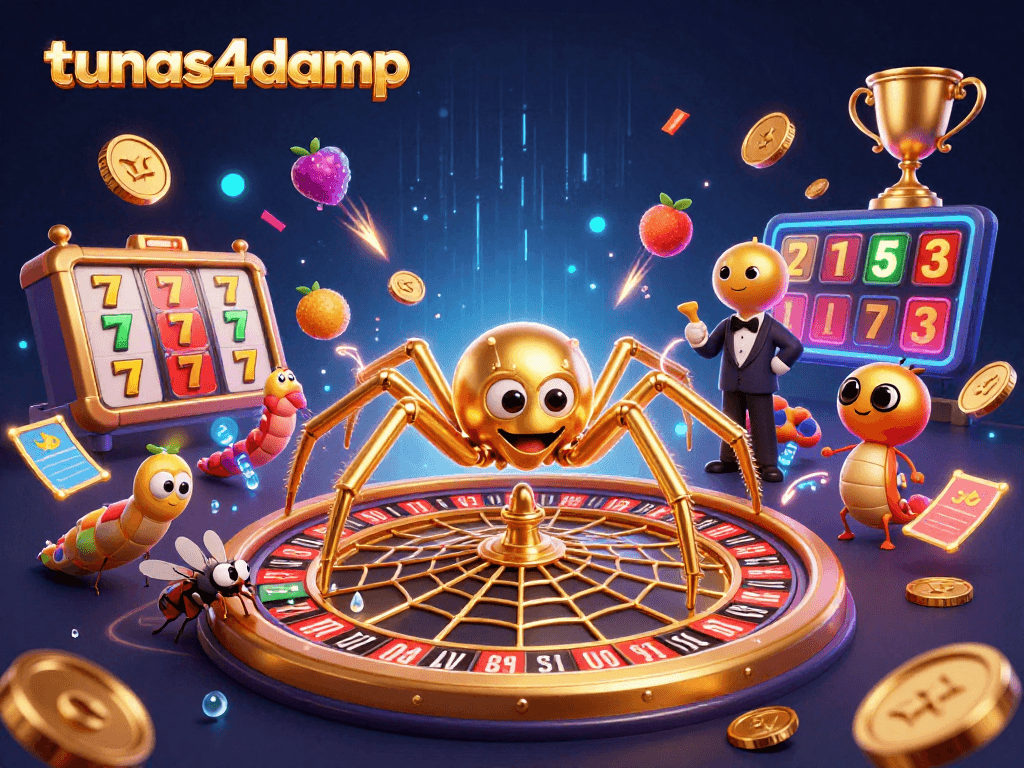 Experience thrilling bets at tunas4damp with a 3D golden spider roulette scene filled with dynamic casino elements.