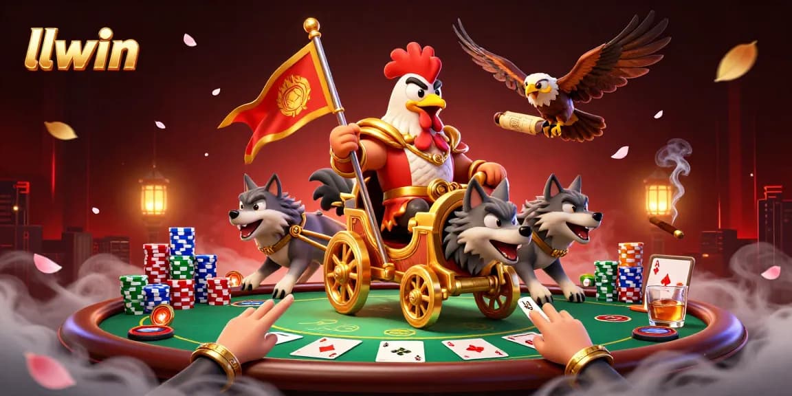 Engage with llwin's thrilling poker scene, featuring a warlord rooster and dynamic gambling elements.