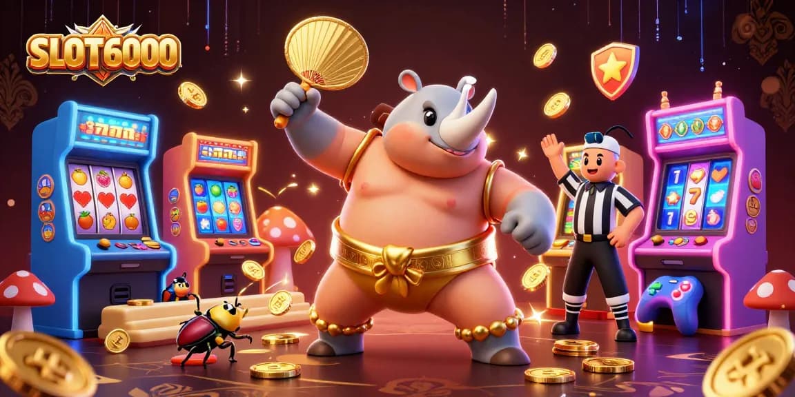 SLOT6000 showcases a vibrant scene of a 3D cartoon rhinoceros beetle champion and a referee in a lively casino gaming environment.