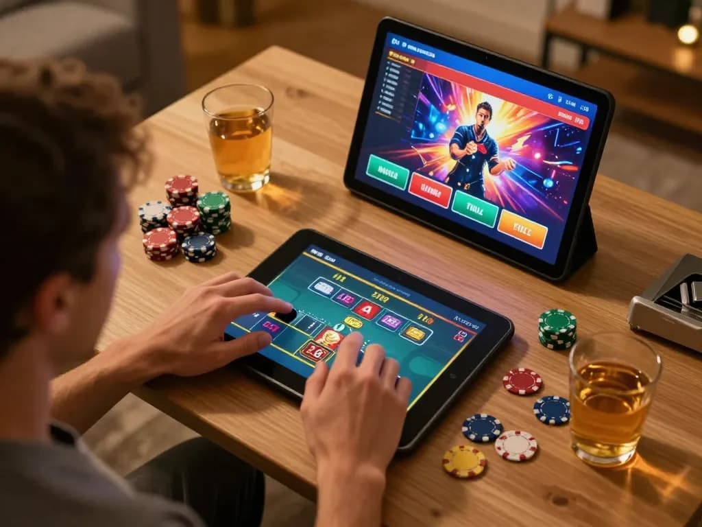 Kuwin player engages with live dealer games on a tablet in a cozy home setting, emphasizing online gambling excitement.