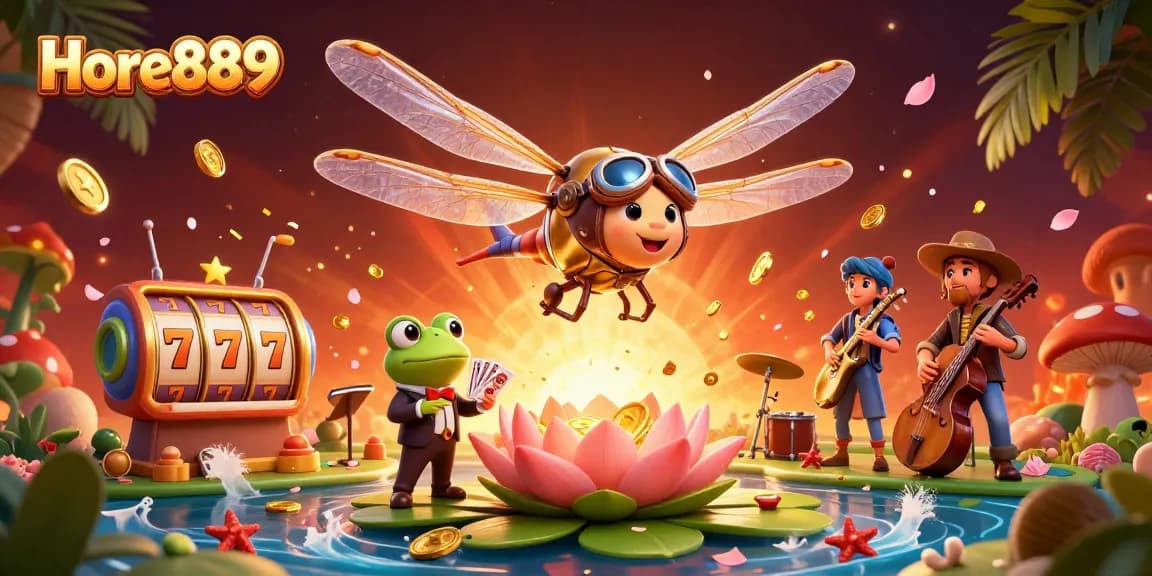 Play vibrant games at Hore889 with dynamic scenes of a dragonfly helicopter pilot and a frog croupier.