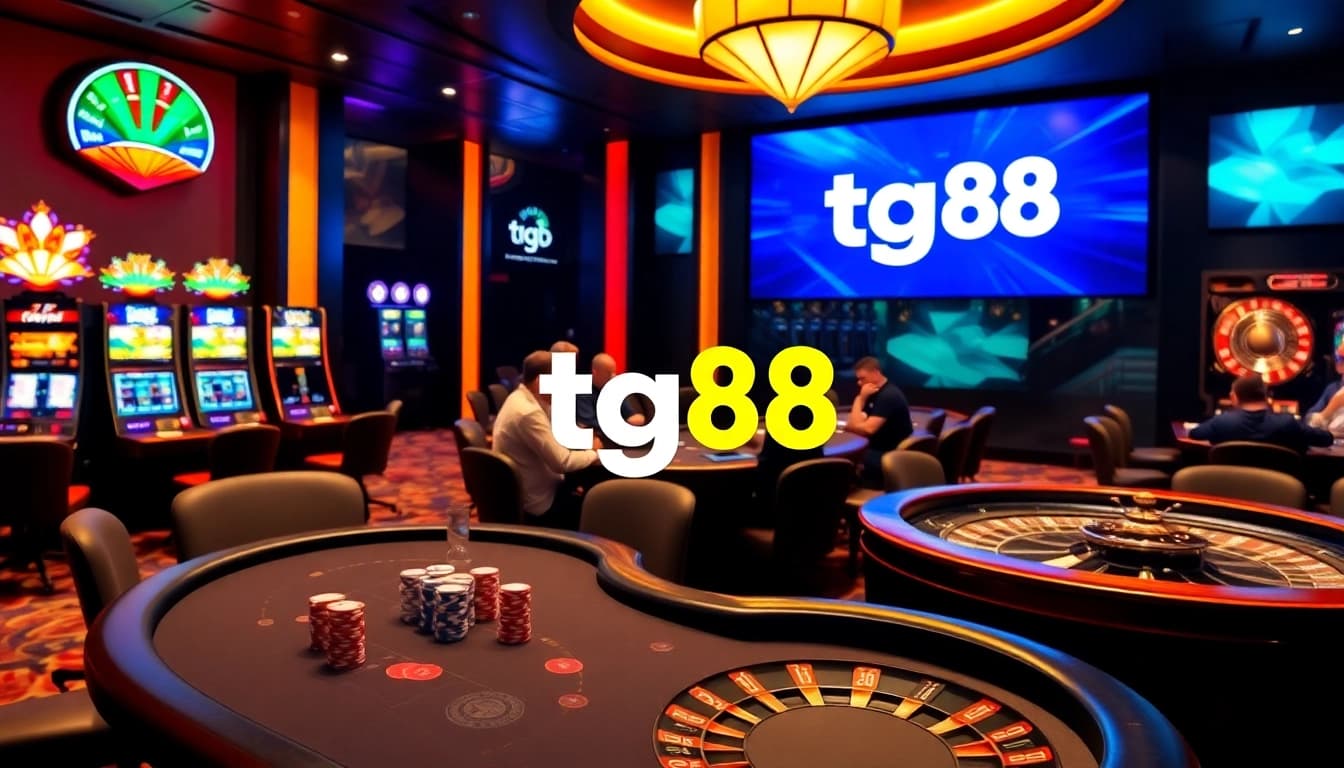Experience excitement at the tg88 casino with poker tables, roulette wheels, and vibrant slot machines.