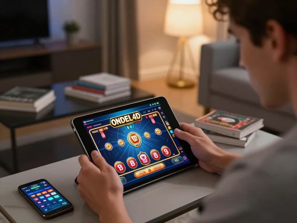 Player engaging with ONDEL4D mobile app, showcasing vibrant gameplay and strategic betting while seated at home.
