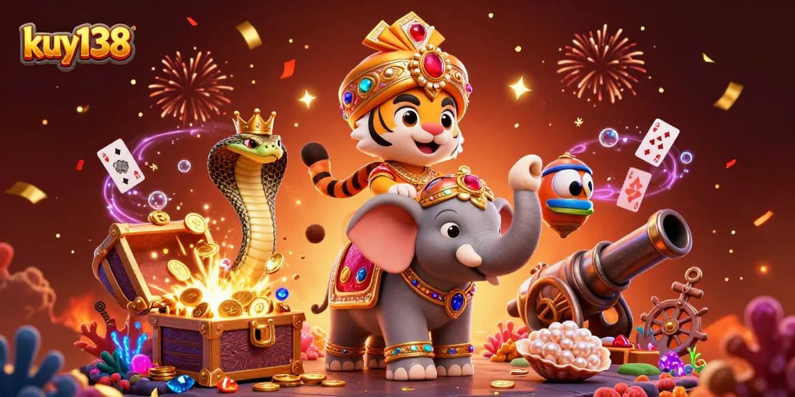 Gambarlah kuy138 dengan harimau maharaja di kasino, dikelilingi harta karun dan konfeti.