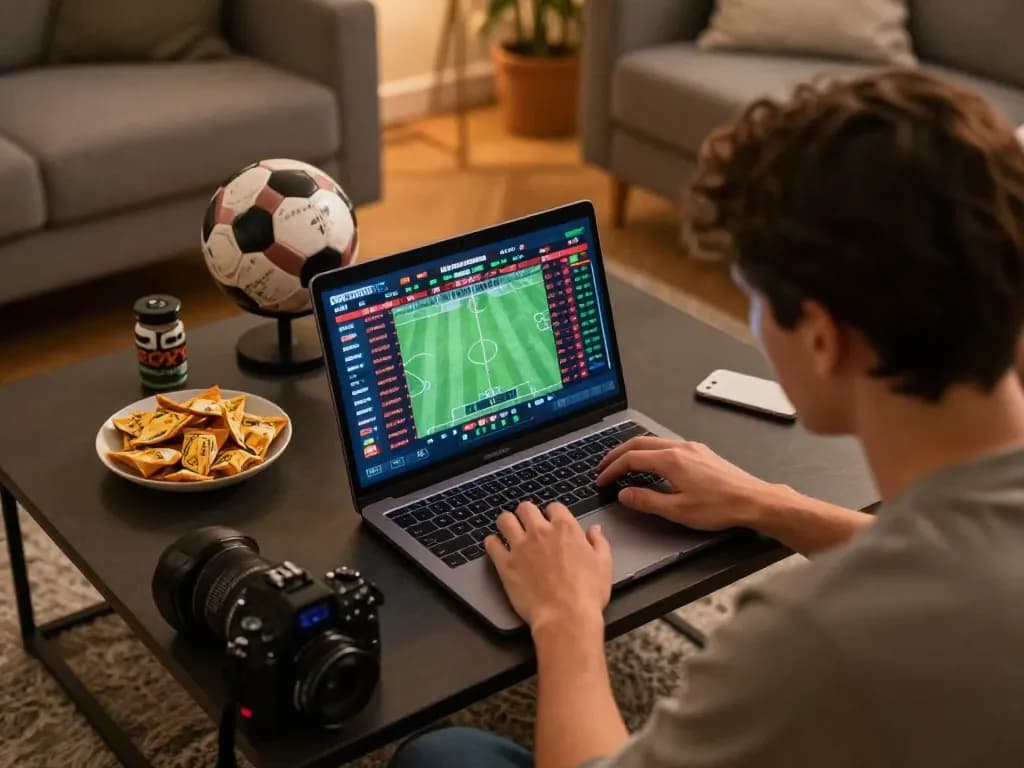 78win player analyzing sports betting options on a laptop during a game, capturing excitement and strategy.