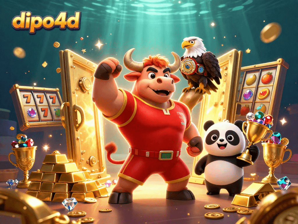 Experience thrilling wins with dipo4d featuring a victorious bull mascot amidst casino treasures and slot reels.