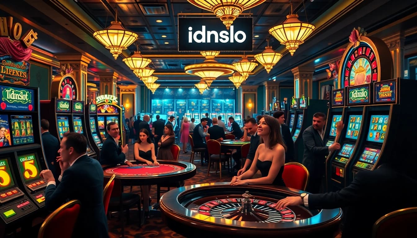 Experience the excitement of idnslot with players celebrating wins at a luxurious casino floor full of vibrant slot machines.