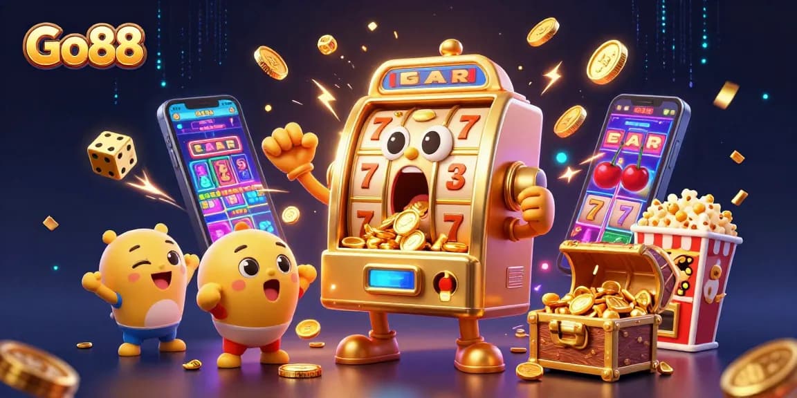 Go88 brings excitement with a joyful slot machine celebrating its jackpot in a vibrant casino scene.