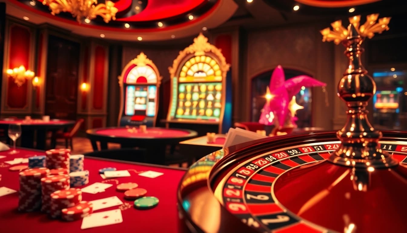 Nohu's vibrant casino table scene with cards, roulette wheel, and chips in an elegant setting.
