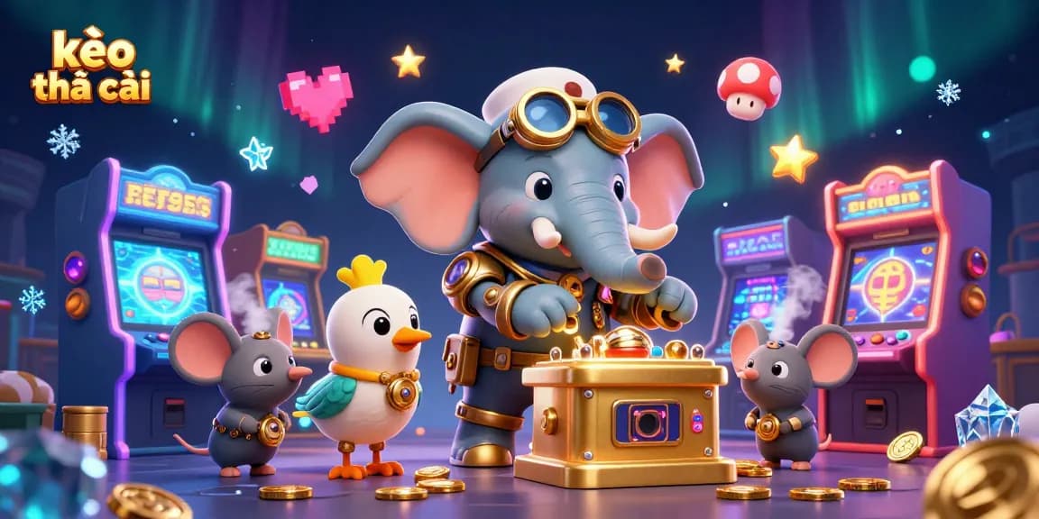 Engage with kèo nhà cái action featuring a colorful scene of a steampunk elephant operating a golden slot machine.