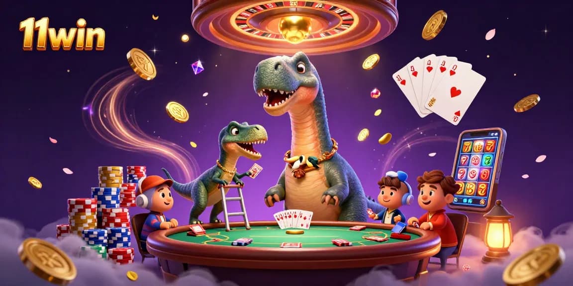 11win showcases a vibrant casino scene with a brontosaurus and raptor dealer, cards and chips flying.