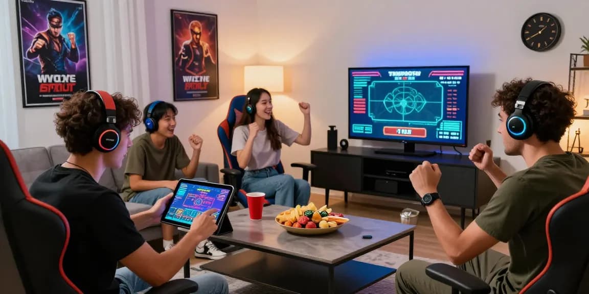 Friends engaging with the tempototo platform in a lively gaming setup, capturing excitement and social interaction.