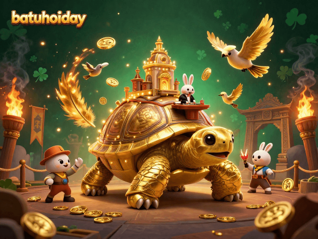 Experience batuholiday's vibrant casino atmosphere with a golden tortoise and rabbit dealer.