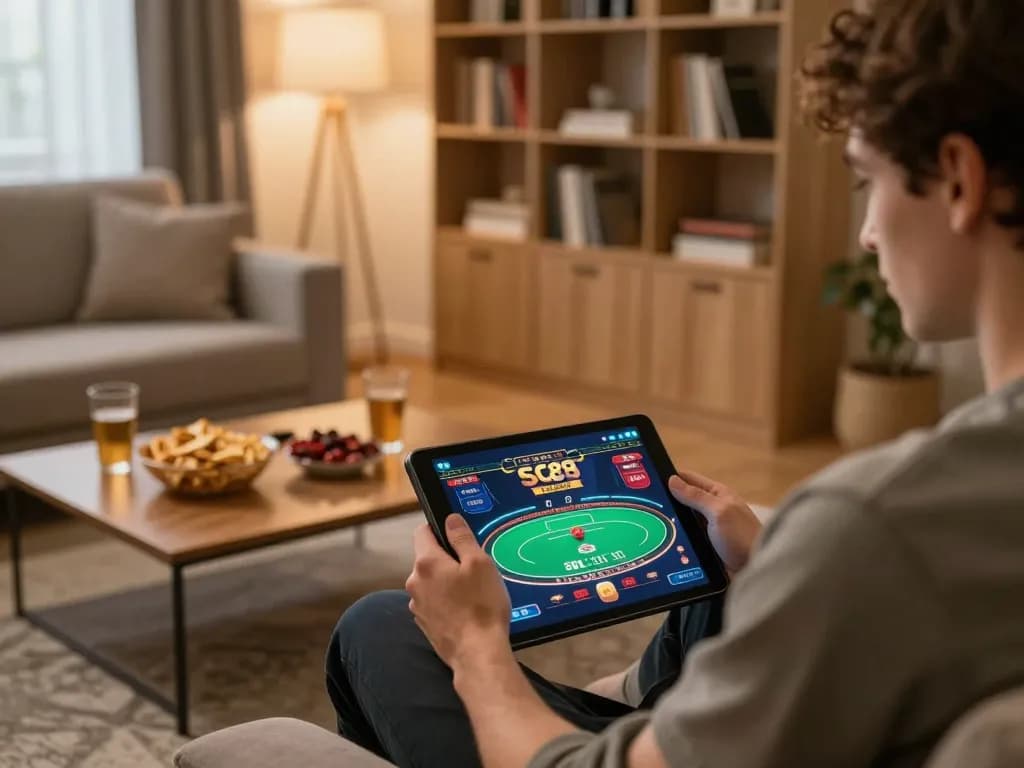Engaging in SC88 Com online poker game from home setup with tablet and snacks.