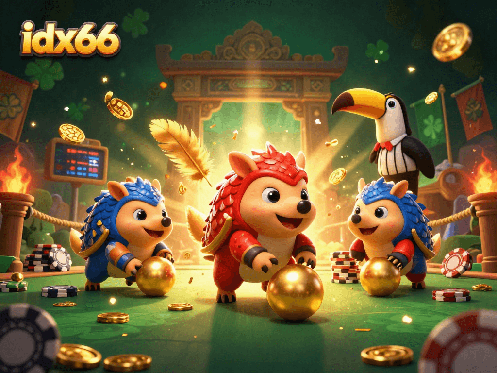 Menggulingkan token judi dengan dua pangolin rival di armor berwarna merah dan biru dalam pertandingan idx66.