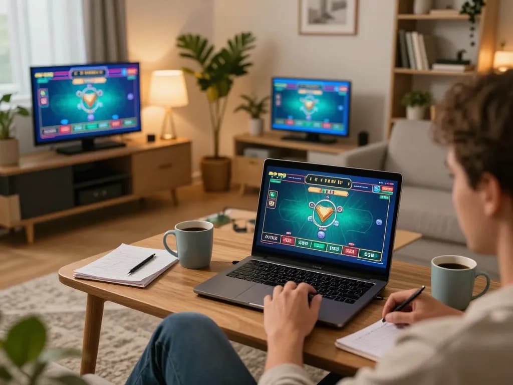 Engaging in dynamic online casino gameplay at nhà cái tr88 with strategy notes visible, cozy home environment.