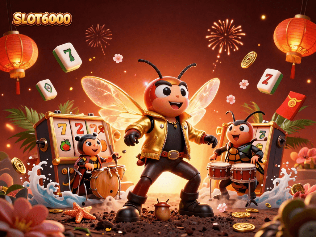 Rayakan kemenangan di SLOT6000 dengan cicada rock star dan elemen kasino warna-warni.