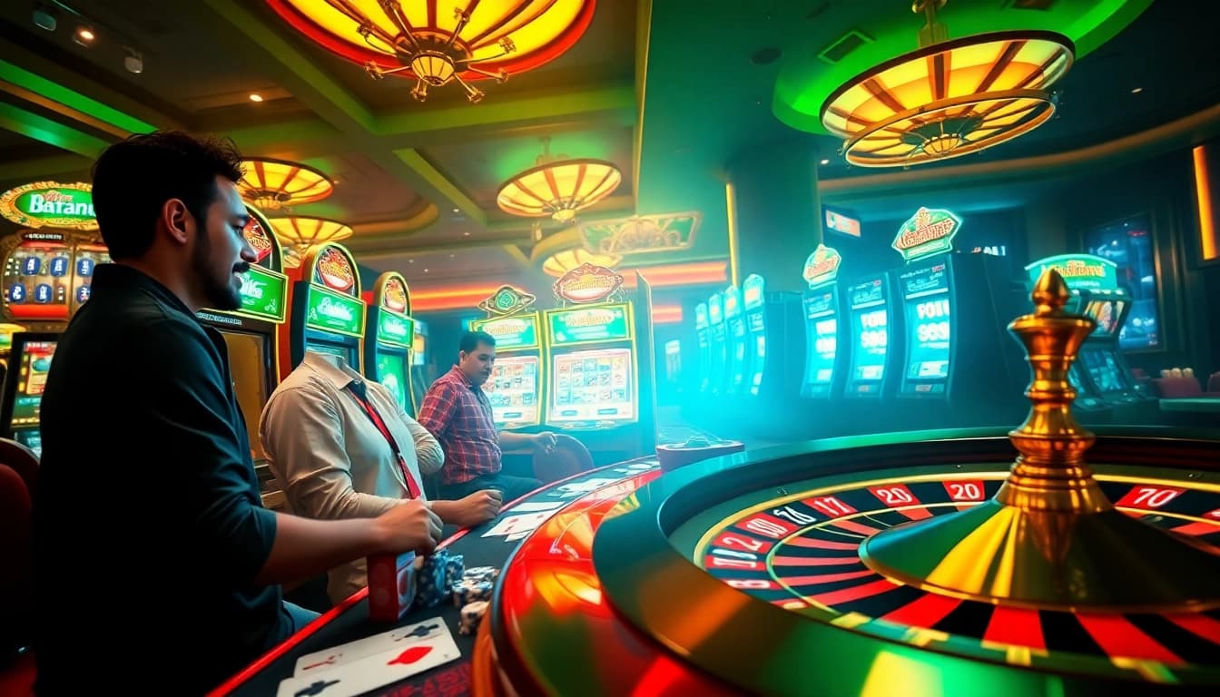 Batara88 players celebrating wins at a vibrant casino featuring slots and roulette.