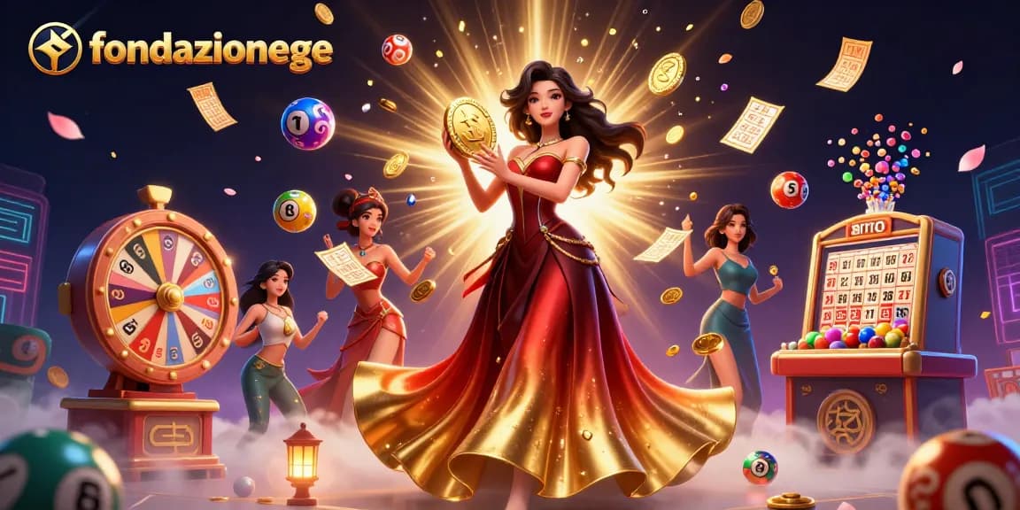 Experience winning moments with fondazionege in a vibrant casino-themed illustration featuring lottery excitement and glamour.