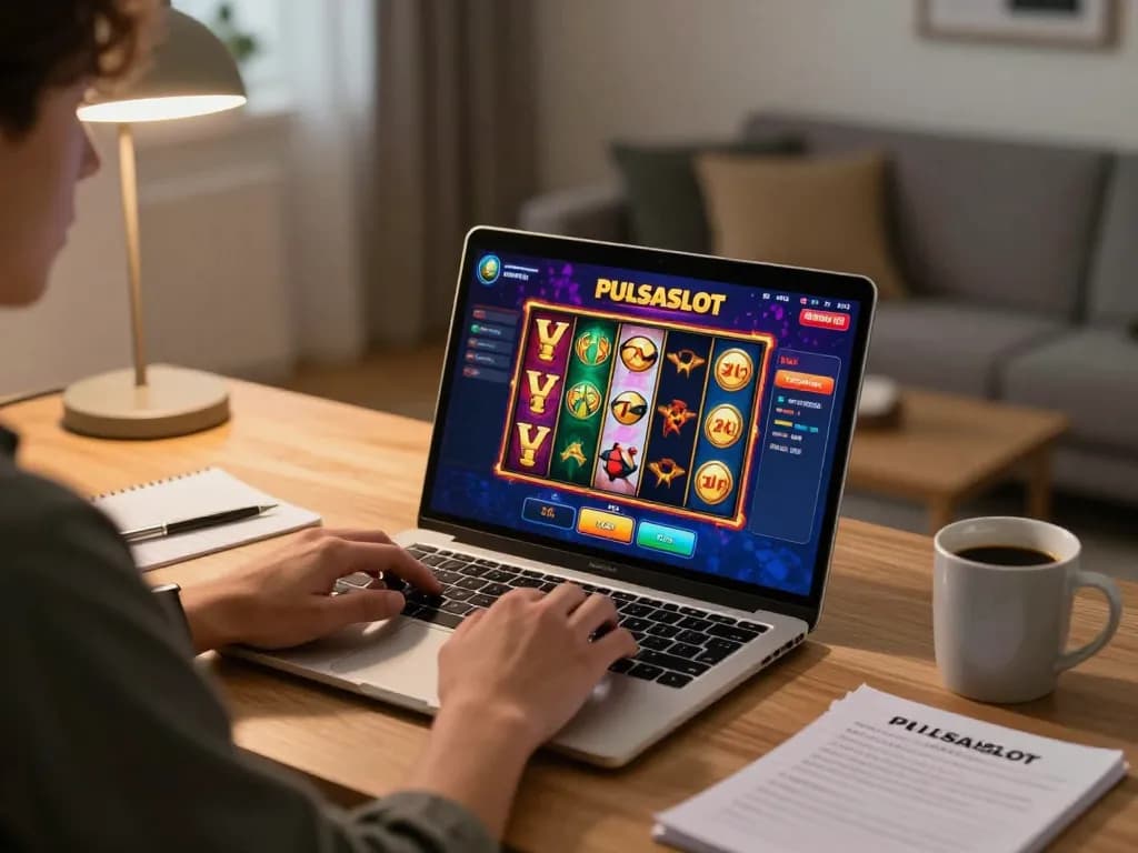 PULSASLOT slot game being played on laptop, showcasing vibrant reels and interactive features.