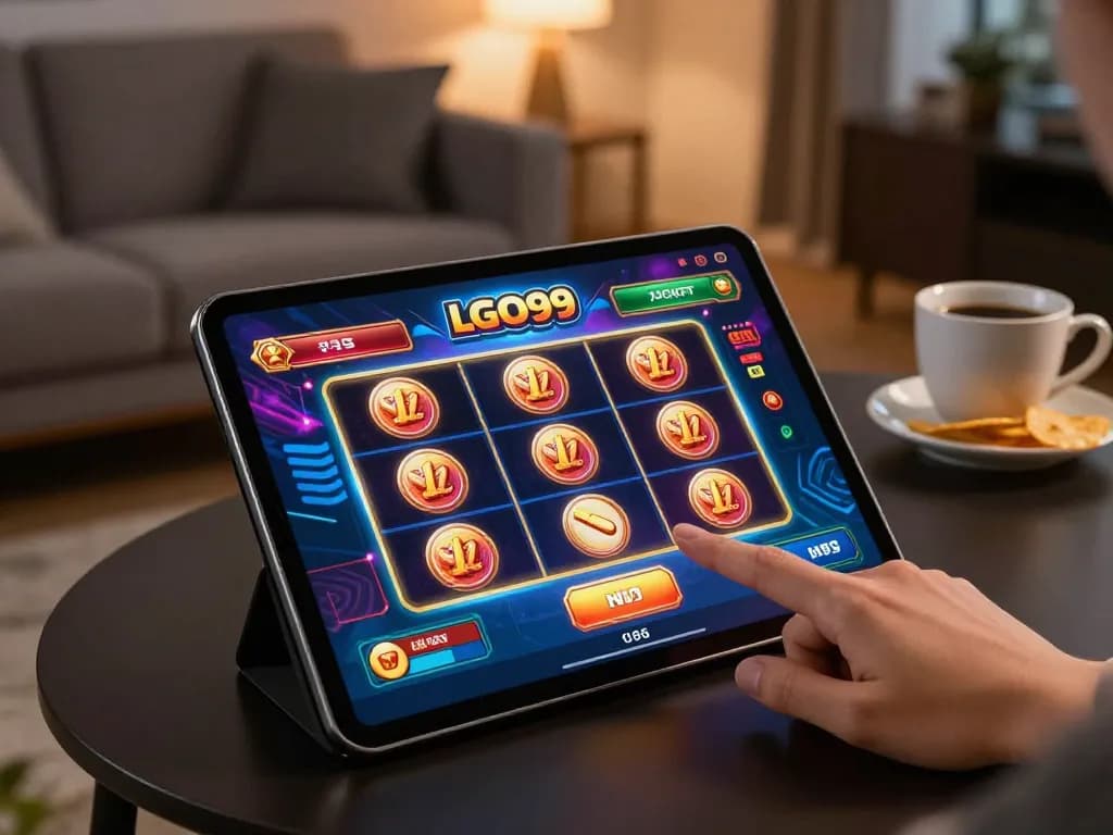 LGO99 player engaging with progressive jackpot slots in a cozy living room.