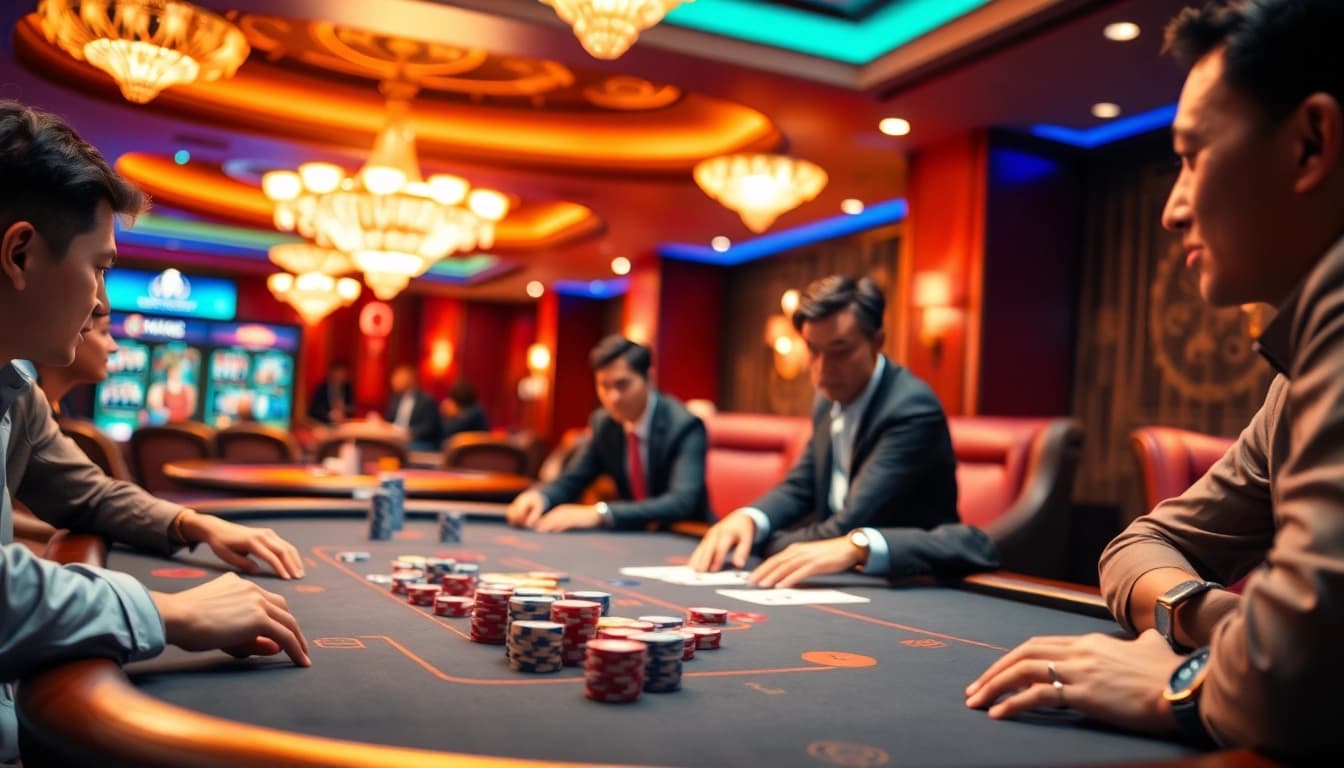 Permainan bandartoto di kasino dengan pemain fokus dan uang chip warna-warni.