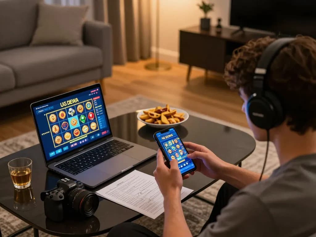 Engaging in high-stakes gameplay on the UG DEWA slot game via smartphone in a stylish home environment