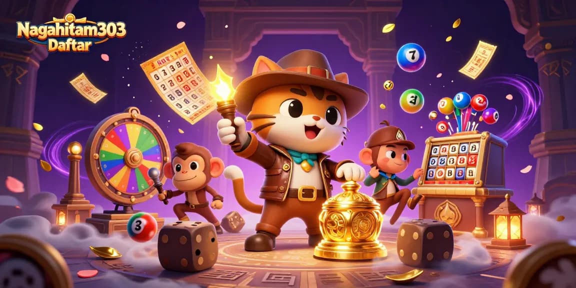 Nagahitam303 Daftar showcases an explosive lottery theme with vibrant game elements and engaging characters.
