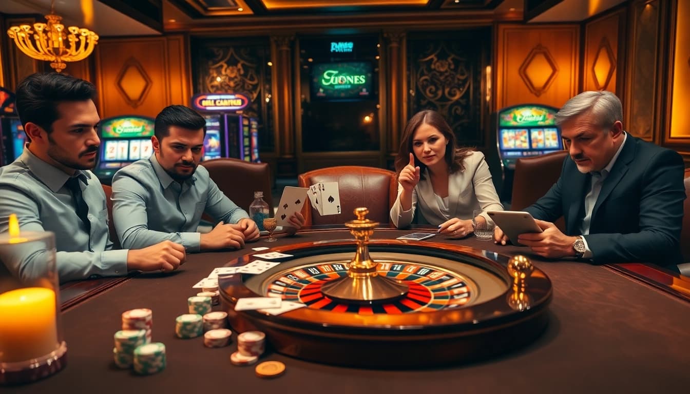 Experience the thrill of qq dewa poker as players strategize over poker chips and cards in a luxurious casino setting.