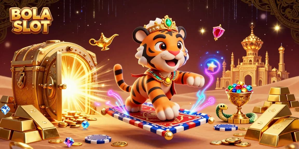 Experience BOLA SLOT excitement with a vibrant illustration featuring a sultan, magic lamp, and treasure elements.