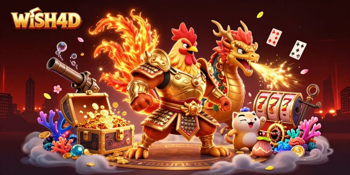 WISH4D menampilkan petarungan ayam dan naga di kasino yang penuh harta berkilau dan slot menarik.